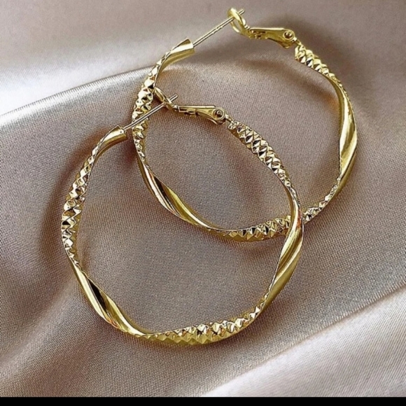 Gold Texture Twisted Hoop Earrings - Picture 5 of 7